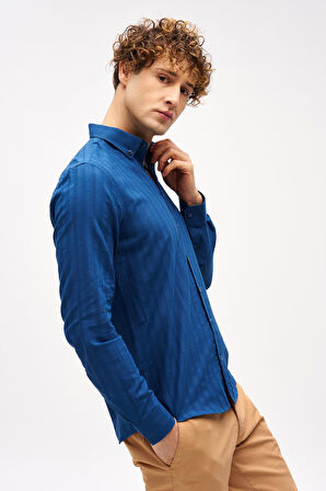 Lacivert Dynamic Fit  Düğmeli Yaka Çizgili Uzun Kollu Cepsiz %100 Pamuk Gömlek