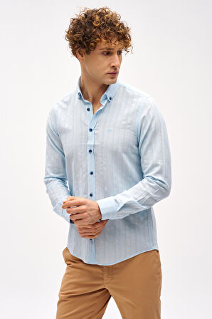 Mavi Dynamic Fit  Düğmeli Yaka Çizgili Uzun Kollu Cepsiz %100 Pamuk Gömlek