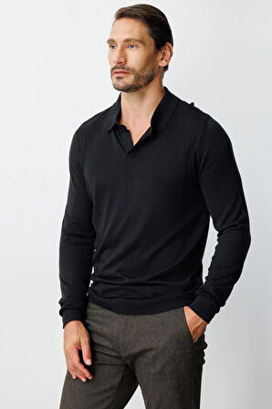 Siyah Standart Fit  Polo Yaka  Düz Uzun Kollu  Triko