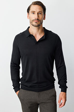 Siyah Standart Fit  Polo Yaka  Düz Uzun Kollu  Triko