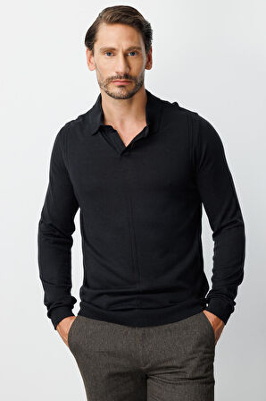 Siyah Standart Fit  Polo Yaka  Düz Uzun Kollu  Triko