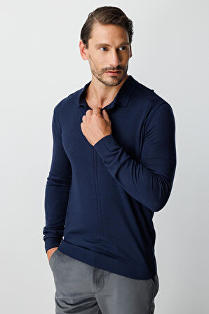 Lacivert Standart Fit  Polo Yaka  Düz Uzun Kollu  Triko