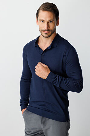 Lacivert Standart Fit  Polo Yaka  Düz Uzun Kollu  Triko