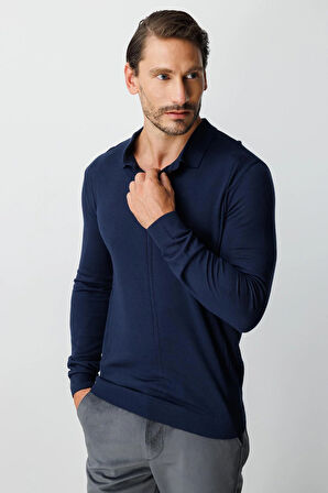 Lacivert Standart Fit  Polo Yaka  Düz Uzun Kollu  Triko