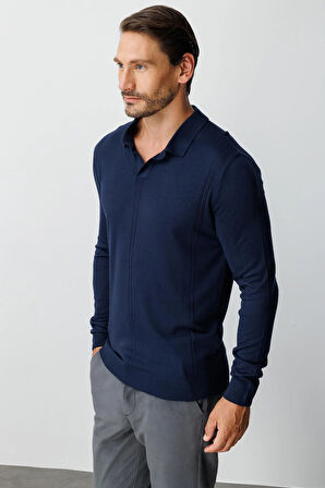 Lacivert Standart Fit  Polo Yaka  Düz Uzun Kollu  Triko