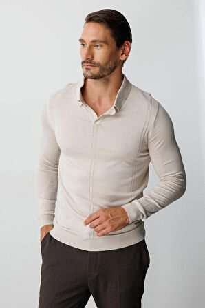 Bej Standart Fit  Polo Yaka  Düz Uzun Kollu  Triko