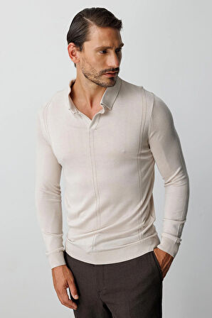 Bej Standart Fit  Polo Yaka  Düz Uzun Kollu  Triko