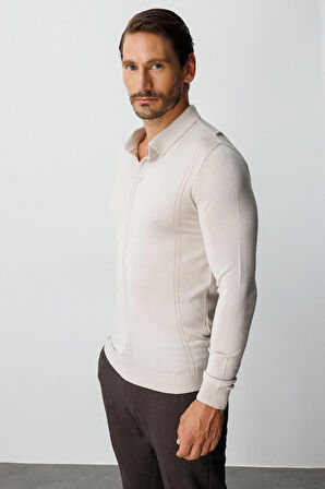 Bej Standart Fit  Polo Yaka  Düz Uzun Kollu  Triko