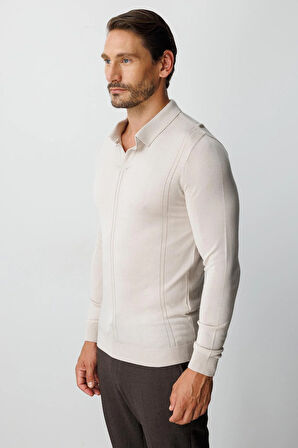 Bej Standart Fit  Polo Yaka  Düz Uzun Kollu  Triko