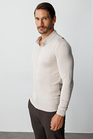 Bej Standart Fit  Polo Yaka  Düz Uzun Kollu  Triko