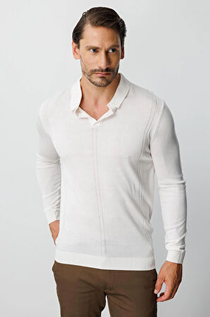 Ekru Standart Fit  Polo Yaka  Düz Uzun Kollu  Triko