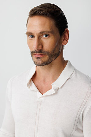 Ekru Standart Fit  Polo Yaka  Düz Uzun Kollu  Triko