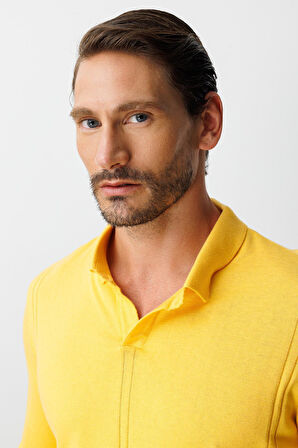 Sarı Standart Fit  Polo Yaka  Düz Uzun Kollu  Triko