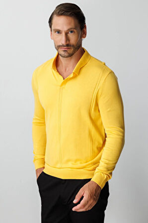 Sarı Standart Fit  Polo Yaka  Düz Uzun Kollu  Triko