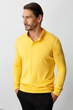 Sarı Standart Fit  Polo Yaka  Düz Uzun Kollu  Triko