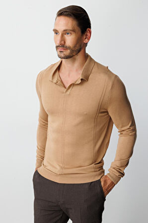 Koyu Bej Standart Fit  Polo Yaka  Düz Uzun Kollu  Triko