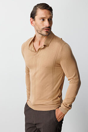 Koyu Bej Standart Fit  Polo Yaka  Düz Uzun Kollu  Triko