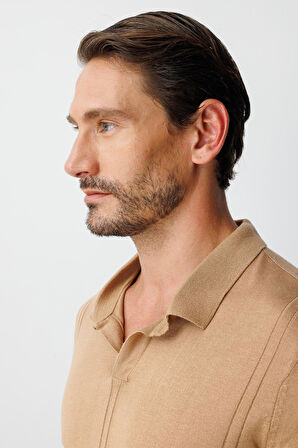 Koyu Bej Standart Fit  Polo Yaka  Düz Uzun Kollu  Triko