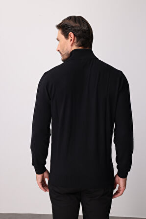 Siyah Standart Fit Dar Kalıp Yarım Balıkçı  Düz  Triko