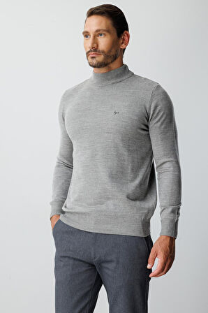 Gri Standart Fit Dar Kalıp Yarım Balıkçı  Düz  Triko