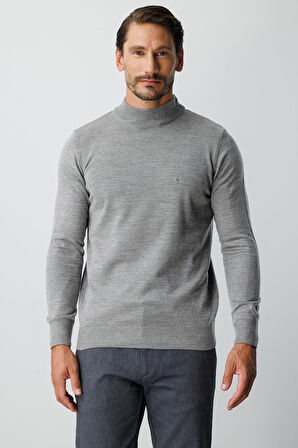 Gri Standart Fit Dar Kalıp Yarım Balıkçı  Düz  Triko