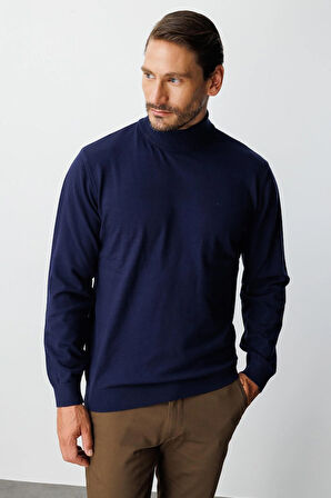 Lacivert Standart Fit Dar Kalıp Yarım Balıkçı  Düz  Triko