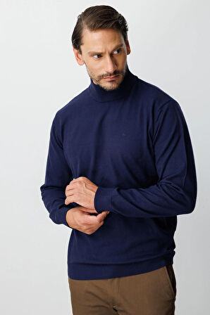 Lacivert Standart Fit Dar Kalıp Yarım Balıkçı  Düz  Triko