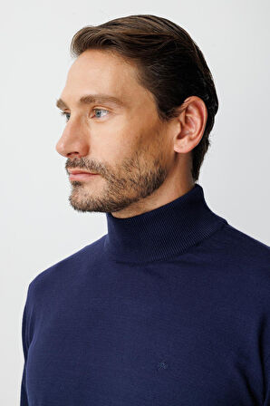 Lacivert Standart Fit Dar Kalıp Yarım Balıkçı  Düz  Triko