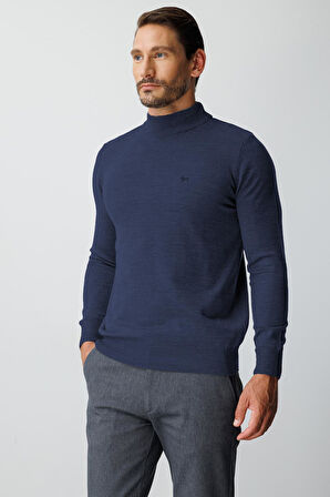 Mavi Standart Fit Dar Kalıp Yarım Balıkçı  Düz  Triko