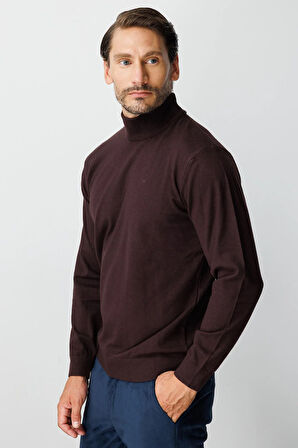 Kahve Standart Fit Dar Kalıp Yarım Balıkçı  Düz  Triko