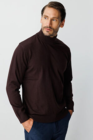 Kahve Standart Fit Dar Kalıp Yarım Balıkçı  Düz  Triko