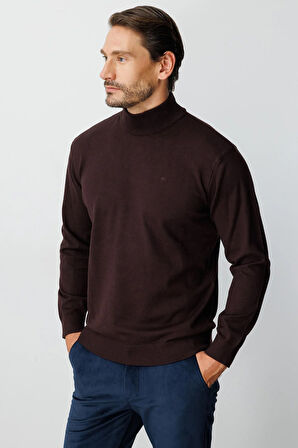 Kahve Standart Fit Dar Kalıp Yarım Balıkçı  Düz  Triko