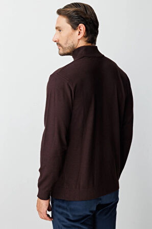 Kahve Standart Fit Dar Kalıp Yarım Balıkçı  Düz  Triko