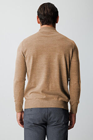 Bej Standart Fit Dar Kalıp Yarım Balıkçı  Düz  Triko