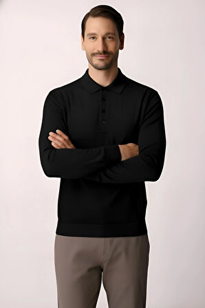 Siyah Standart Fit Dar Kalıp Polo Yaka Düz Uzun Kollu Triko