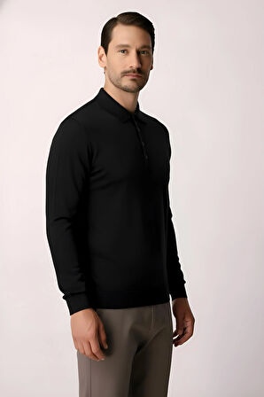 Siyah Standart Fit Dar Kalıp Polo Yaka Düz Uzun Kollu Triko