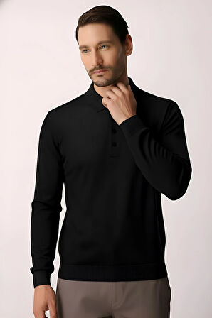 Siyah Standart Fit Dar Kalıp Polo Yaka Düz Uzun Kollu Triko