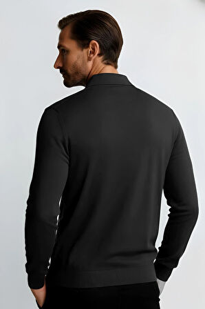 Antrasit Standart Fit Dar Kalıp Polo Yaka Düz Uzun Kollu Triko