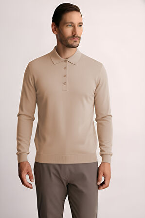 Bej Standart Fit Dar Kalıp Polo Yaka Düz Uzun Kollu  Triko