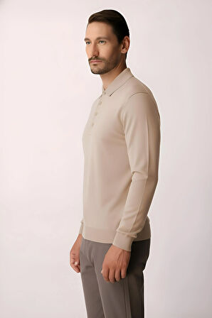 Bej Standart Fit Dar Kalıp Polo Yaka Düz Uzun Kollu  Triko