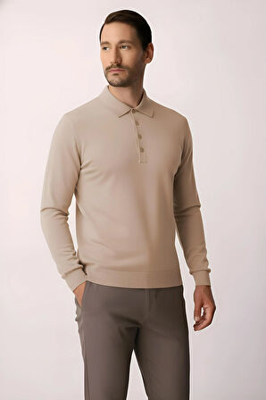 Bej Standart Fit Dar Kalıp Polo Yaka Düz Uzun Kollu  Triko