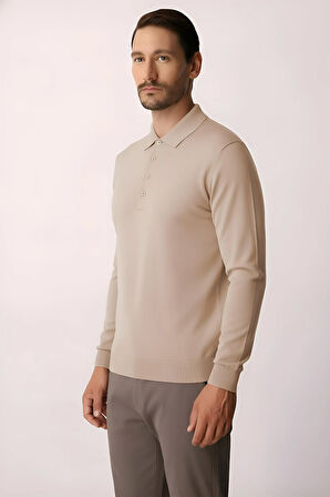Bej Standart Fit Dar Kalıp Polo Yaka Düz Uzun Kollu  Triko