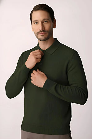 Haki Standart Fit Dar Kalıp Polo Yaka Düz Uzun Kollu  Triko