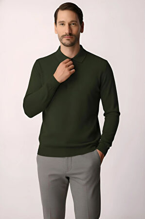 Haki Standart Fit Dar Kalıp Polo Yaka Düz Uzun Kollu  Triko