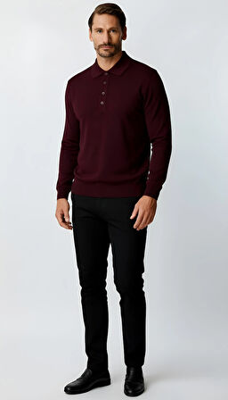 Mürdüm Standart Fit Dar Kalıp Polo Yaka Düz Uzun Kollu  Triko