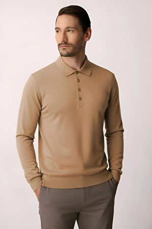 Açık Kahve Standart Fit Dar Kalıp Polo Yaka Düz Uzun Kollu  Triko