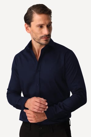 Lacivert Slim Fit Dar Kalıp Klasik Yaka Düz Uzun Kollu Cepsiz %100 Pamuk Non Iron Ütü İstemeyen Gömlek 