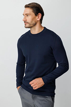 Lacivert Standart Fit Dar Kalıp Bisiklet Yaka Düz Uzun Kollu  Triko