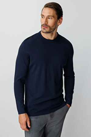 Lacivert Standart Fit Dar Kalıp Bisiklet Yaka Düz Uzun Kollu  Triko