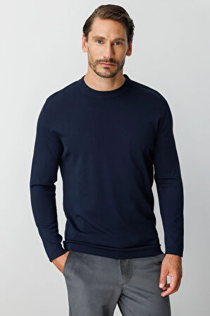 Lacivert Standart Fit Dar Kalıp Bisiklet Yaka Düz Uzun Kollu  Triko